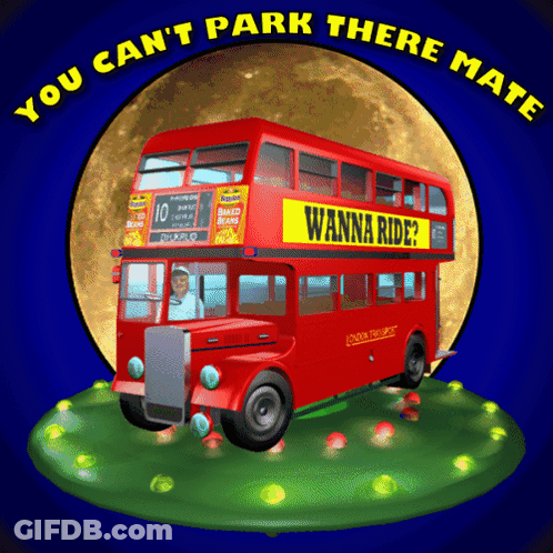 A Double Decker Bus That Says Wanna Ride GIF