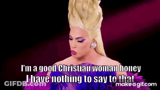A Drag Queen Is Wearing A Purple Dress And Feathers And Has A Quote . GIF