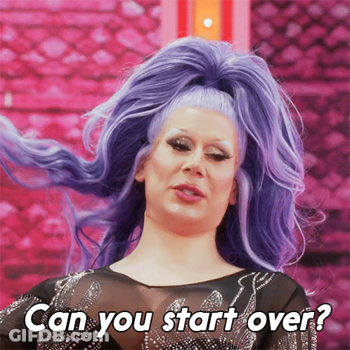 Drag Queen With Purple Hair Asking To Start Over GIF