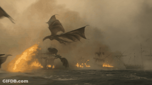 A Dragon Flying Over A Burning Ship In The Water GIF