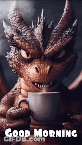 A Dragon Holding A Cup Of Coffee With The Words Good Morning Written On The Bottom GIF