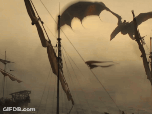 A Dragon Is Flying Over A Boat In The Fog GIF
