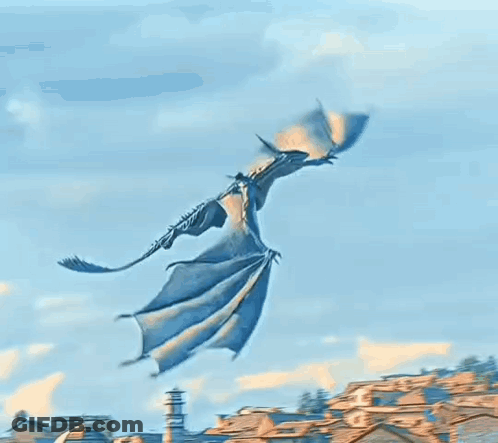 A Dragon Is Flying Over A City With A Building In The Background . GIF