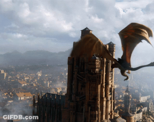 A Dragon Is Flying Over A City With A Castle In The Background GIF