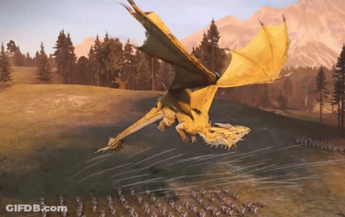 A Dragon Is Flying Over A Field Of Soldiers In A Video Game GIF
