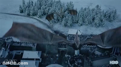 A Dragon Is Flying Over A Snowy City With A Hbo Logo In The Corner GIF