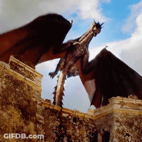 A Dragon Is Flying Over A Stone Wall In The Sky GIF