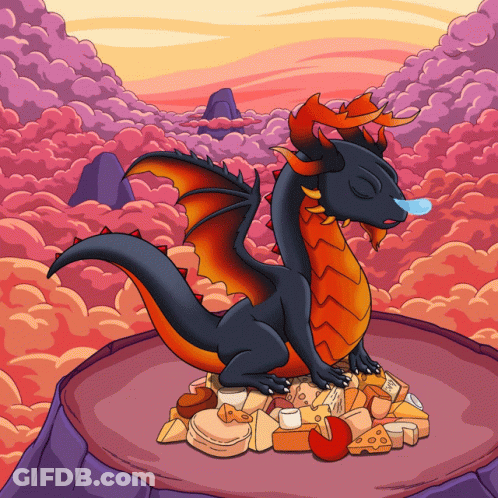A Dragon Is Sitting On A Pile Of Cheese In The Sky GIF