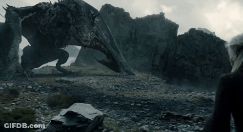 A Dragon Is Standing In The Middle Of A Rocky Field GIF