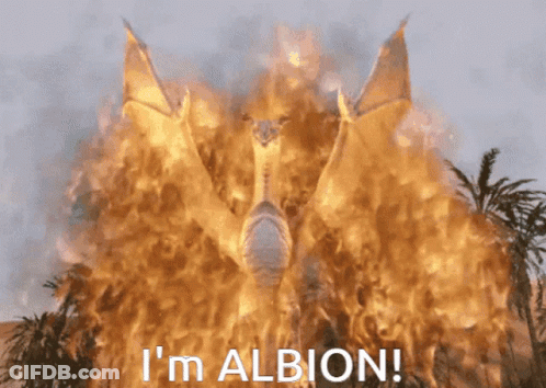 A Dragon Is Surrounded By Flames With The Words I 'M Albion Written Below It GIF