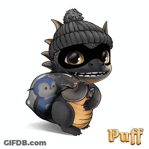 A Dragon Wearing A Mask And A Beanie Is Holding A Bag With A Penguin Inside Of It GIF