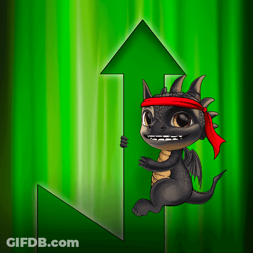 A Dragon Wearing A Red Headband Holds A Green Arrow Pointing Up GIF