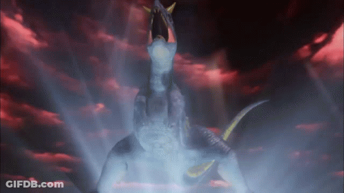 A Dragon With A Sword In Its Mouth Is Standing In The Dark GIF