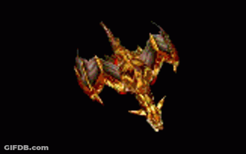 A Dragon With Wings And Horns Is Flying In The Air On A Black Background . GIF