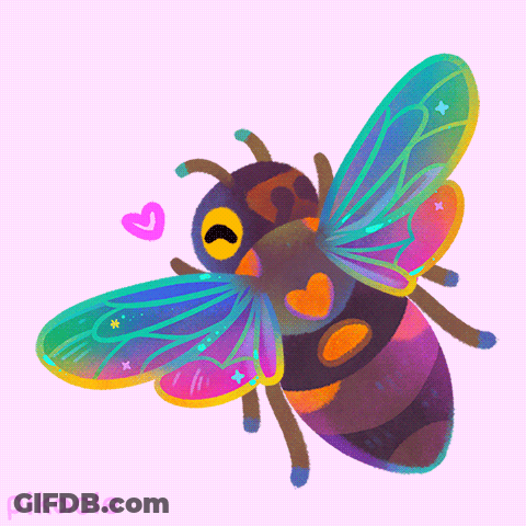 A Drawing Of A Bee With Rainbow Colored Wings And A Pink Heart With The Name Pikaole Below It GIF