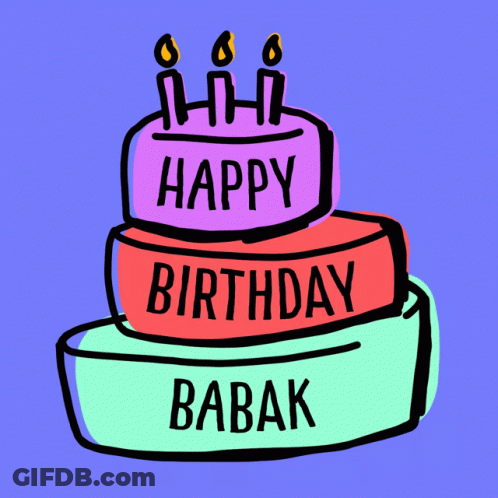 A Drawing Of A Birthday Cake That Says Happy Birthday Babak On It GIF