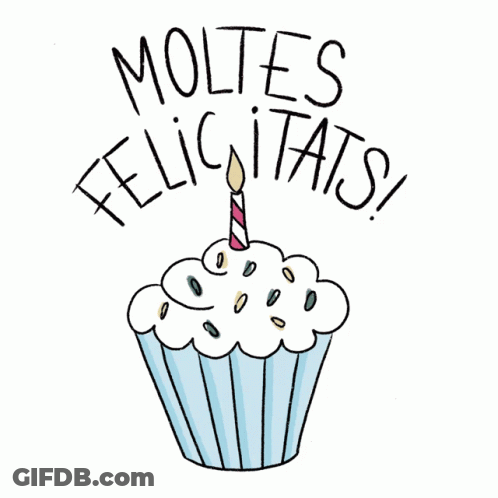 A Drawing Of A Birthday Cupcake With The Words Moltes Felicitats Written Above It GIF