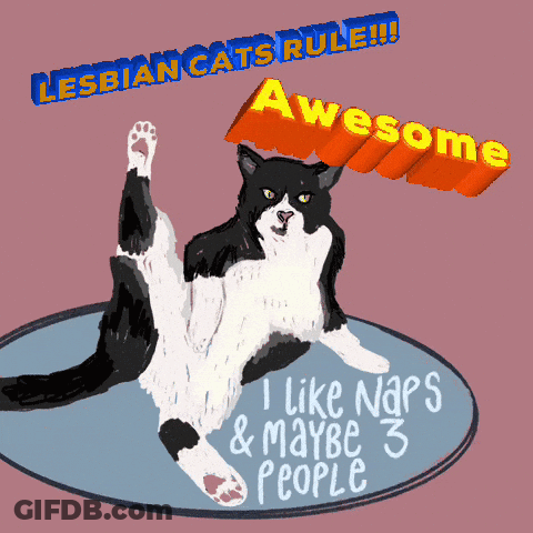 A Drawing Of A Black And White Cat With The Words " Lesbian Cats Rule Awesome I Like Naps & Maybe 3 People " GIF