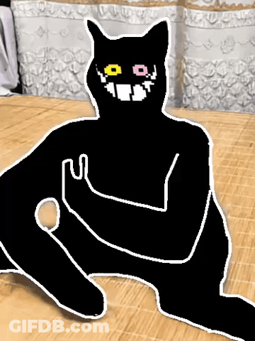 A Drawing Of A Black Cat Sitting On A Wooden Table Giving A Middle Finger . GIF