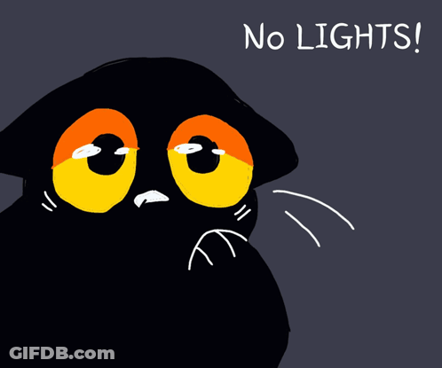 A Drawing Of A Black Cat With Orange Eyes And The Words " No Lights " On The Bottom GIF