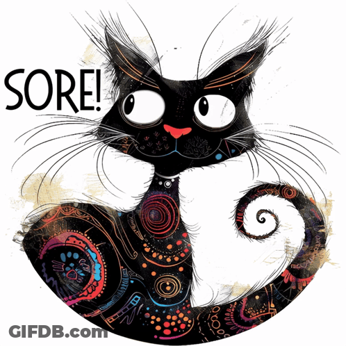 A Drawing Of A Black Cat With The Word Sore Written Above It GIF