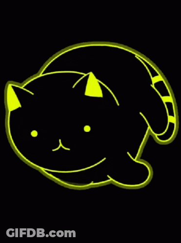 A Drawing Of A Black Cat With Yellow Eyes And Ears GIF