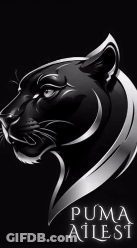 A Drawing Of A Black Panther With Its Mouth Open And The Words Puma Ailes Written Below It GIF