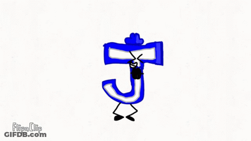 A Drawing Of A Blue And White Letter J With Arms And Legs On A White Background . GIF