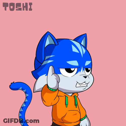 A Drawing Of A Blue Cat With A Light Bulb Above His Head And The Word Toshi Below It GIF