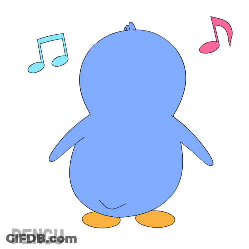 A Drawing Of A Blue Penguin With Pink And Blue Music Notes GIF