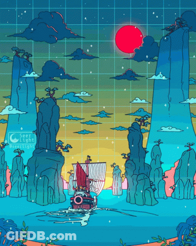 A Drawing Of A Boat In The Ocean With The Words Seer Light Written On The Bottom GIF
