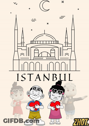 A Drawing Of A Boy And Girl Holding Hearts In Front Of A Mosque With The Word Istanbul On The Bottom GIF