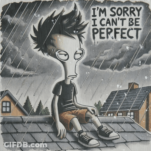 A Drawing Of A Boy Sitting On A Roof With The Words I 'M Sorry GIF