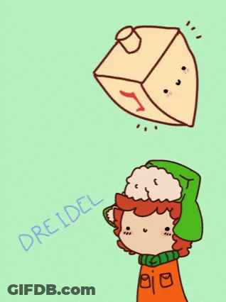 A Drawing Of A Boy Wearing A Green Hat With The Word Dreidel Below Him GIF