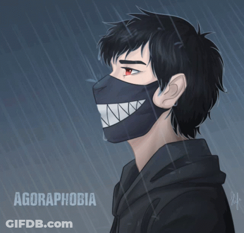 A Drawing Of A Boy Wearing A Mask With The Word Agoraphobia On The Bottom GIF