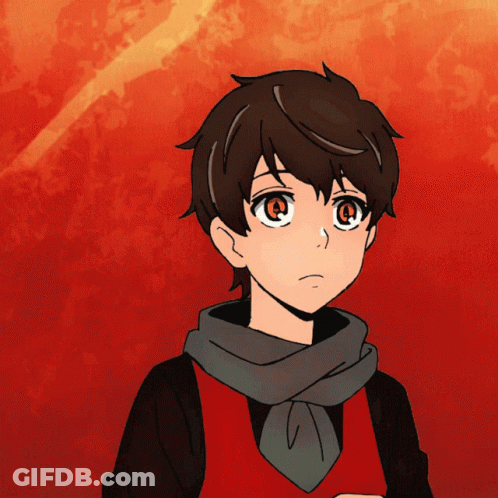 A Drawing Of A Boy With A Scarf Around His Neck And A Red Background GIF