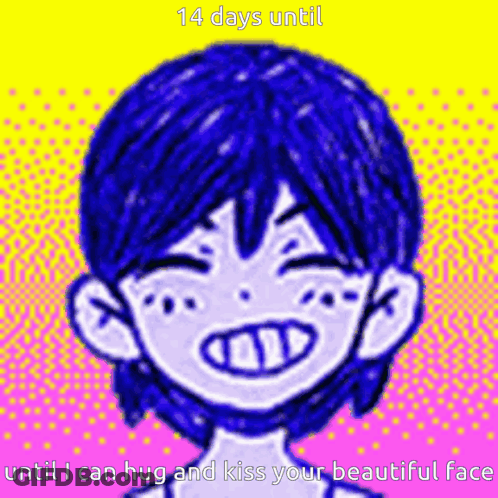 A Drawing Of A Boy With Blue Hair And A Caption That Says 14 Days Until I Can Hug And Kiss Your Beautiful Face GIF