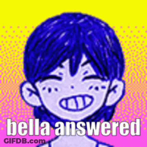 A Drawing Of A Boy With Blue Hair And The Words `` Bella Answered '' Written Below It . GIF