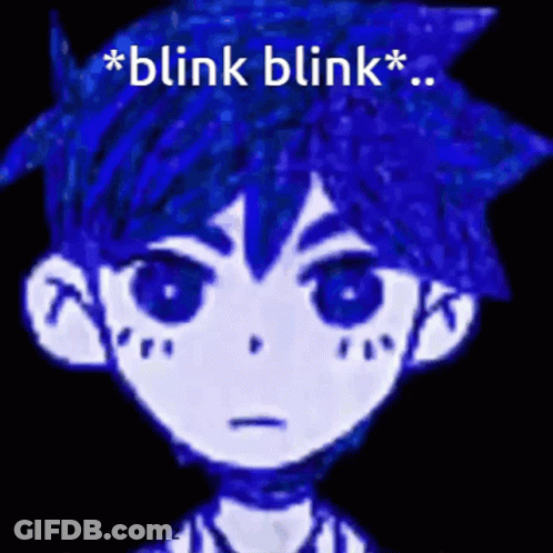A Drawing Of A Boy With Blue Hair And The Words " Blink Blink " GIF