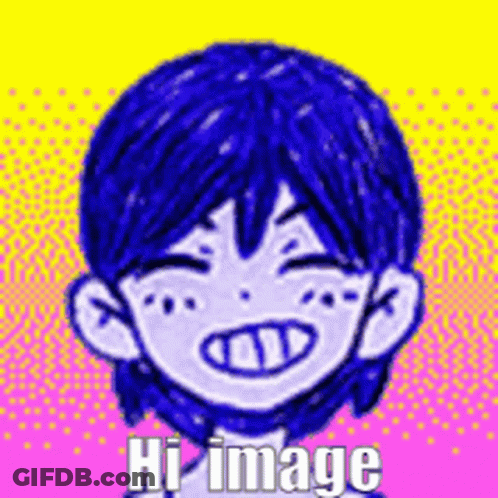 A Drawing Of A Boy With Blue Hair And The Words `` Hi Image '' Written On It . GIF