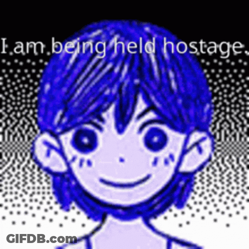 A Drawing Of A Boy With Blue Hair And The Words `` I Am Being Held Hostages '' . GIF