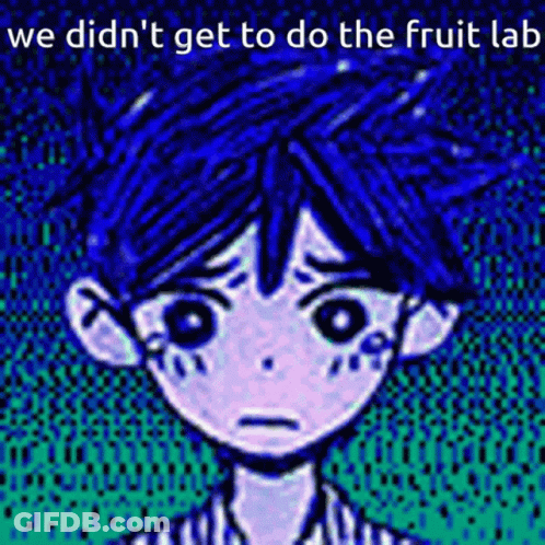 A Drawing Of A Boy With Blue Hair And The Words `` We Didn 'T Get To Do The Fruit Lab '' . GIF