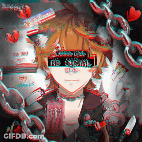 A Drawing Of A Boy With Chains Around His Head And The Words " No Signal " On The Screen GIF