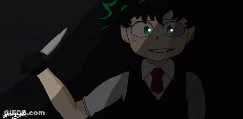 A Drawing Of A Boy With Green Hair Holding A Knife With A Signature On The Bottom Left GIF