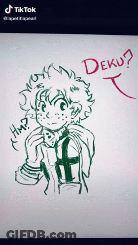 A Drawing Of A Boy With The Word Deku Written In Red GIF