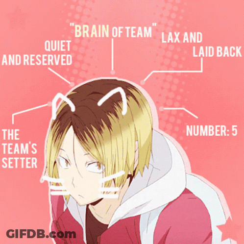 A Drawing Of A Boy With The Words " Brain Of Team " Lax And Laid Back Above Him GIF