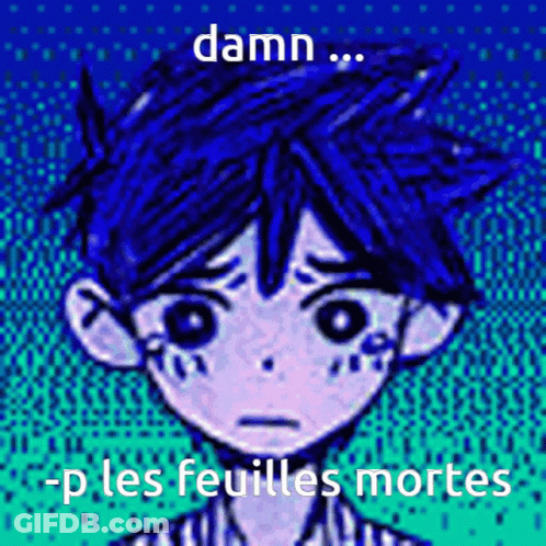 A Drawing Of A Boy With The Words Damn -P Les Feuilles Mortes On The Bottom GIF