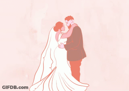 A Drawing Of A Bride And Groom With The Words King Zeus & Queen Yuki GIF