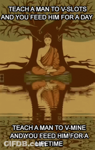 A Drawing Of A Buddha Sitting Under A Tree With The Words Teach A Man To V-Slots GIF