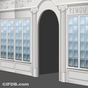 A Drawing Of A Building With A Sign That Says Penguin GIF